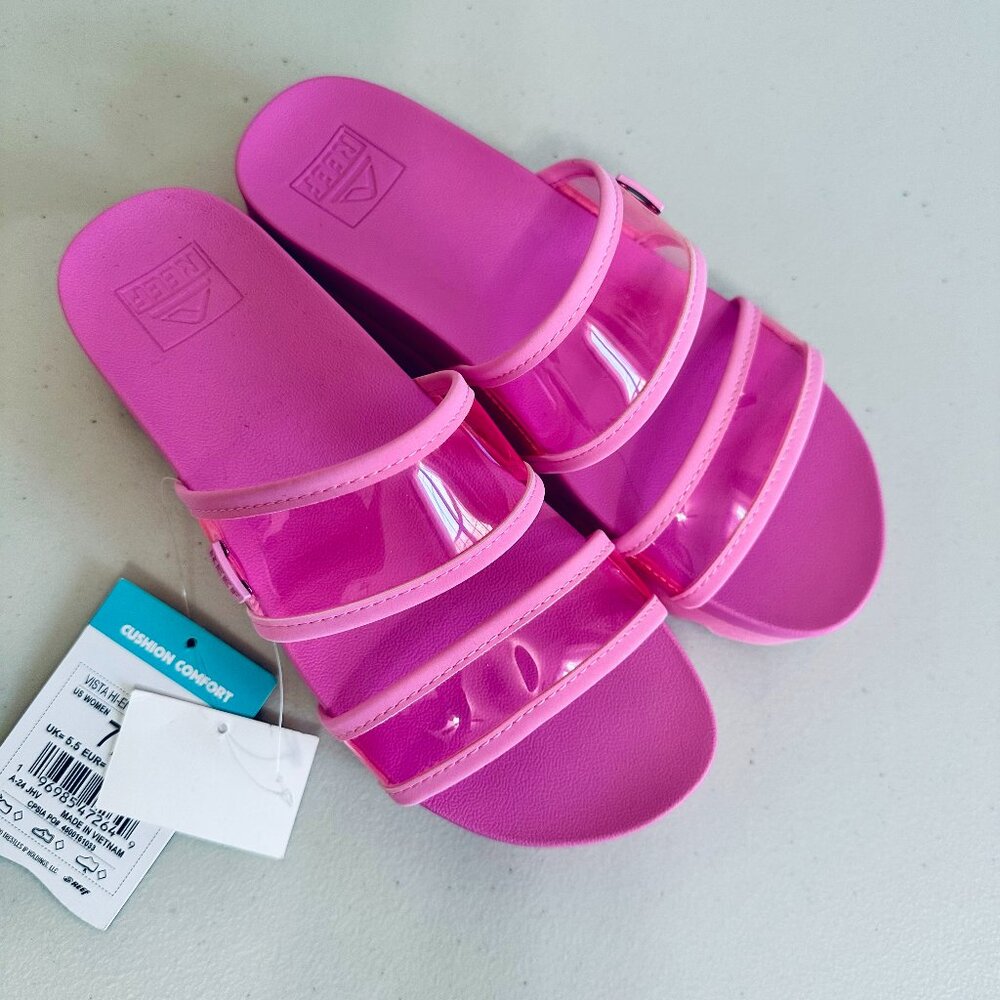 REEF VISTA HIGH ENERGY CUSHION COMFORT PINK BARBIECORE BARBIE PLATFORM SLIDES
